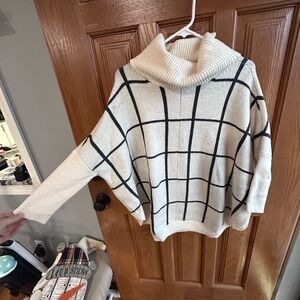LOFT Cream and Black Grid Turtleneck Sweater